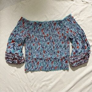 Poupette St. Barth Light Blue Red Floral Smocked Off-Shoulder Top